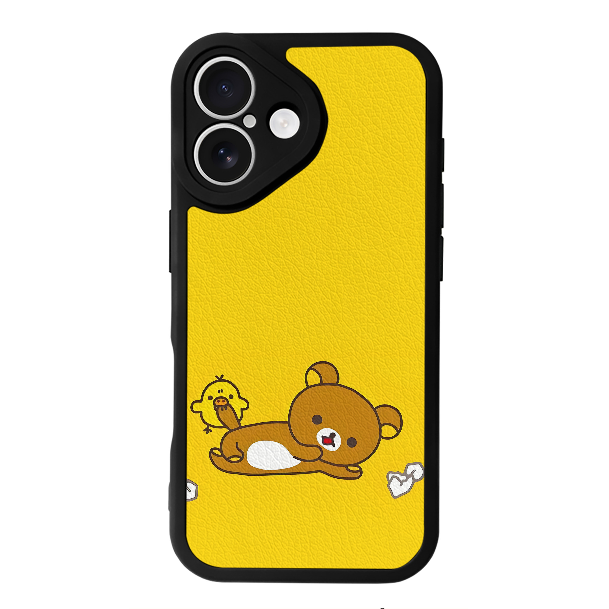 （画像用） リラックマ リラックマ キイロイトリ Rilakkuma Korilakkuma Kiiroitori 【iPhone 16シリーズ対応】シリコンスマホケース（レザー調） 材質：シリコン